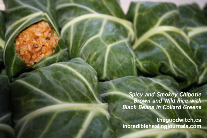 Spicy and Smokey Mexican Mole and Chipotle Rice Rolls with Collard Greens