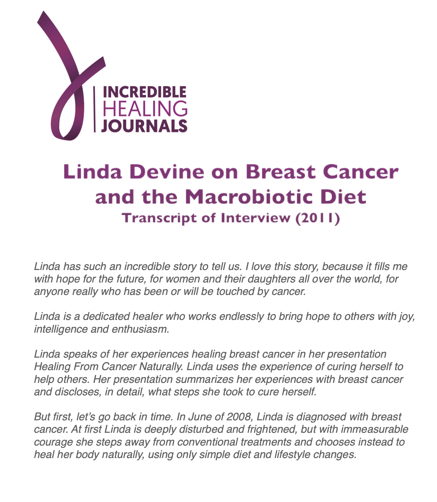 Linda Devine on Breast Cancer and Macrobiotic Diet